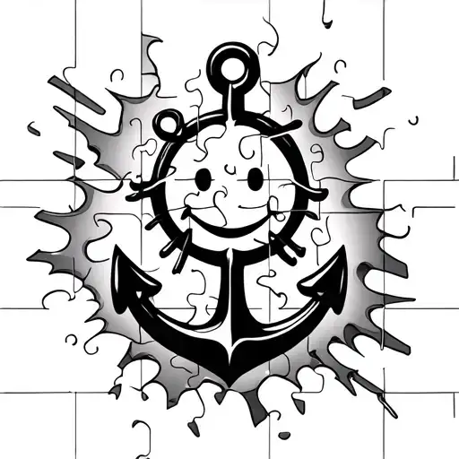 happy face puzzle with a anchor breaking through tattoo design idea