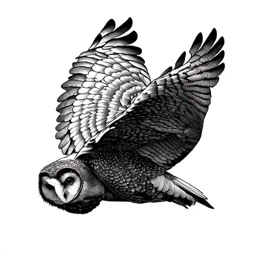 fine line barn owl flying tattoo design idea