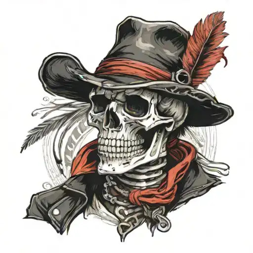 a Skeleton wearing a black coat and a red bandana around its neck with a black cowboy hat, like a Wild West outlaw tattoo design idea