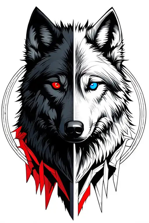 two faced wolf with black (red eye) one side and white (blue eye) on the other. inside a thin line circle  tattoo design idea