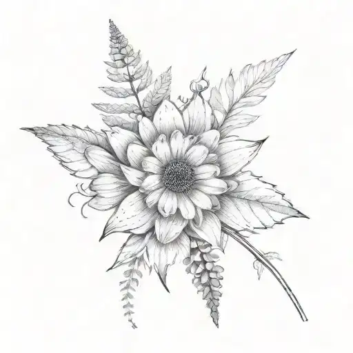 fine line tattoo with a daisy flower, a cherry blossom flower, a silver fern and a maple leaf tattoo design idea