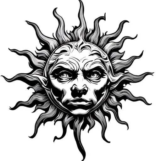 simple sun in splendour with simple gargoyle face in the middle tattoo design idea
