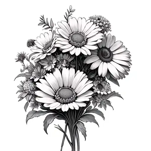 marigold, daisy,and violet bouquet tattoo design idea