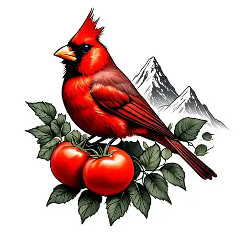 red cardinal bird with tomatoes and mountain tattoo design idea