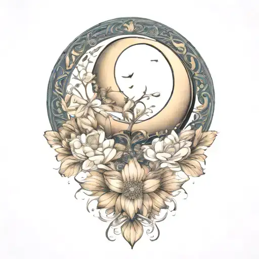crescent moon, floral, symmetrical, art deco tattoo design idea