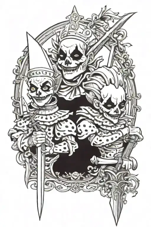 pierrot clowns with a sword between them that has a blade made of thorns   tattoo design idea