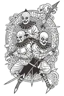 pierrot clowns with a sword between them that has a blade made of thorns   tattoo design idea
