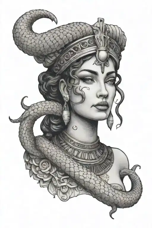 roman woman bust and Egyptian snake coiled tattoo design idea