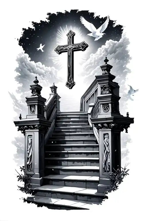cross at the top of the stairs of heaven gates doves flying and lights tattoo design idea