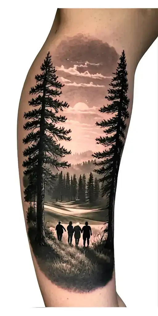 pine forest scene and family on golf course and ansel adams and sun clock tattoo design idea