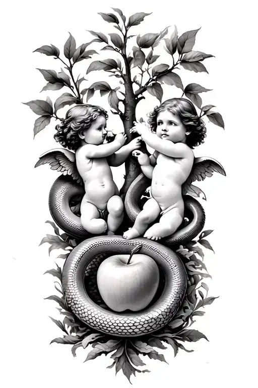garden of Eden two cherubs snake and apple tree tattoo design idea