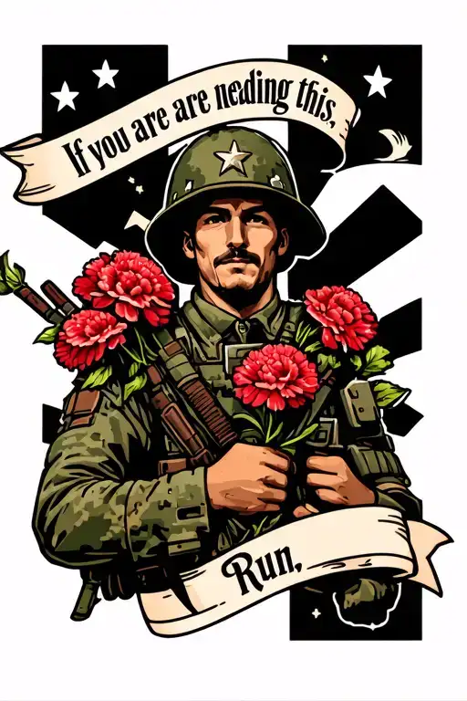 "If you are reading this, Run" a video game styled tattoo army soldier holding Carnations tattoo design idea