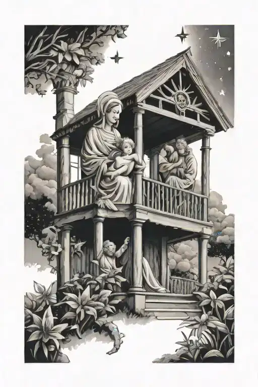 mary holding baby jesus pointing to stars in a pillared gazebo with angels gabriel and Michael watching over them tattoo design idea