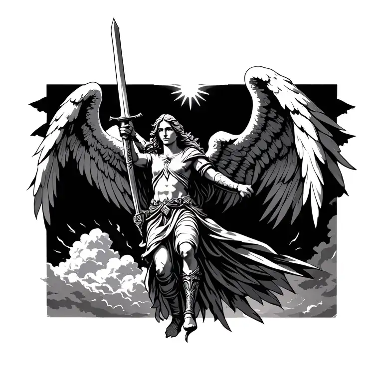 guardian angel warrior holding a sword,flying in clouds with sun rays tattoo design idea