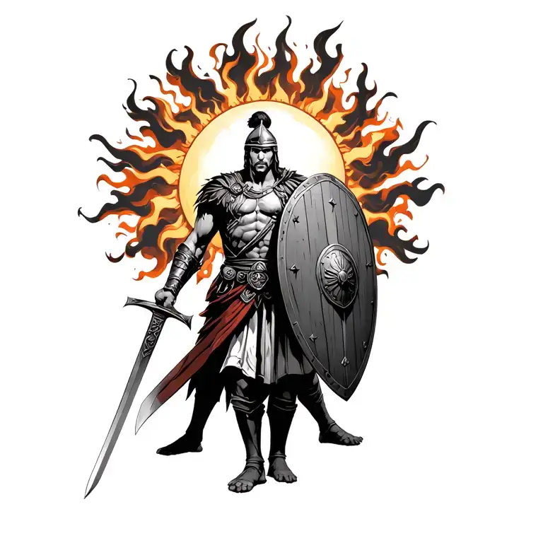 A sun in flames with a gladiator with his shield and his sword tattoo design idea