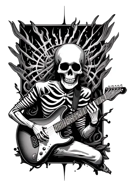 skeleton playing guitar tattoo design idea