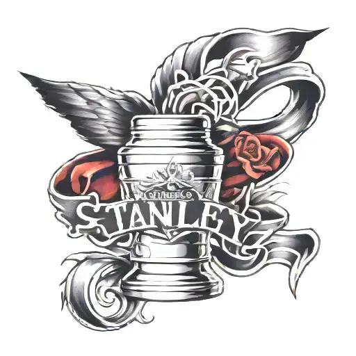 the Stanley cup with 5/6/12 in a ribbon across it  tattoo design idea