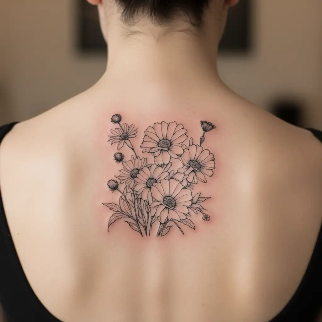 carnation, daisy, cornflower, poppy, rose, thistle, Edelweiss, white lily, iris, bouquet tattoo design idea