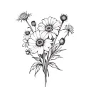 carnation, daisy, cornflower, poppy, rose, thistle, Edelweiss, white lily, iris, bouquet tattoo design idea