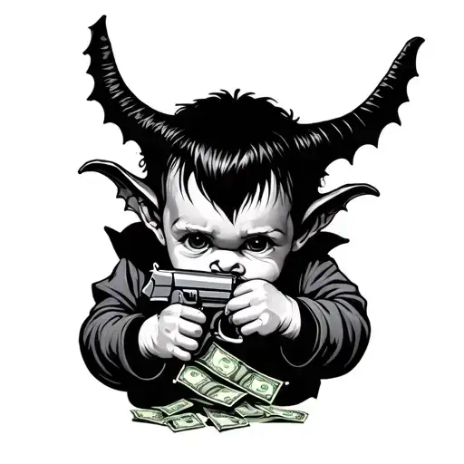 baby demon holding guns money drugs tattoo design idea