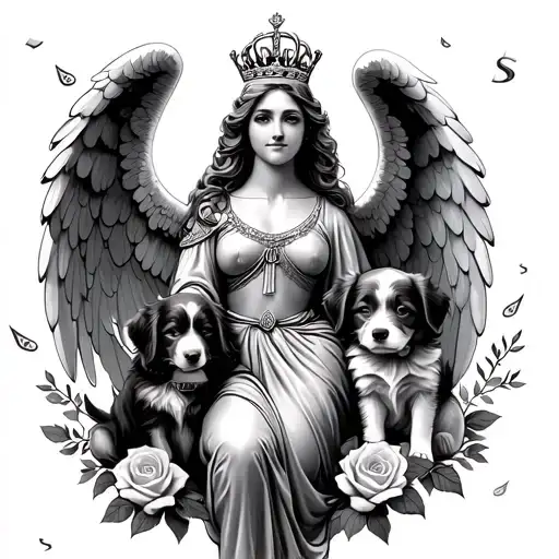 Aquarius female angel, money raining, roses around, queen crown, two puppies, grooming pet, furtastic tattoo design idea
