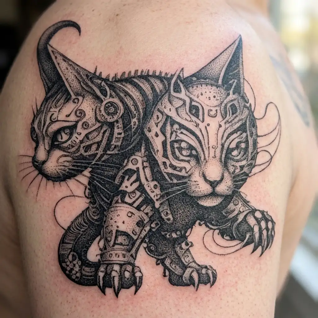 mechanical cat warrior tattoo design idea
