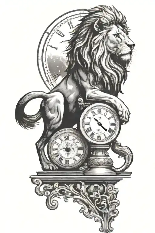 lion on top of a clock surrounded by stars  tattoo design idea