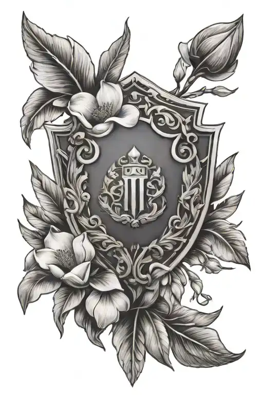 magnolia and iris flowers intertwined with Roman shield and feathers and arrows with Roman numerals  tattoo design idea