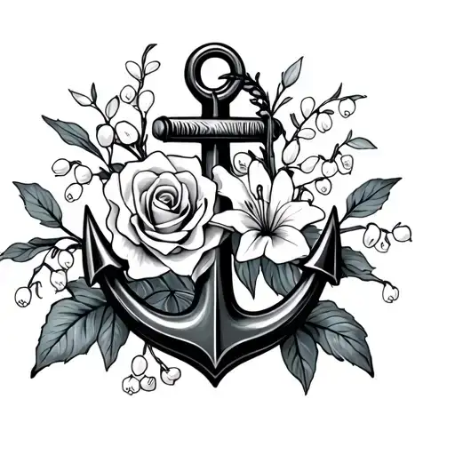an anchor with a dainty rose and lily of the valley flower wrapped around the anchor tattoo design idea