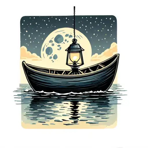 rowboat  and ores with a hanging lantern inside on the water under the moon and stars  tattoo design idea