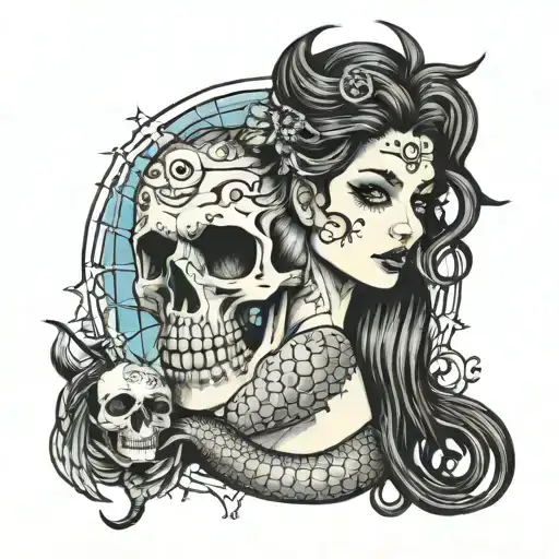 - goth mermaid- spiderweb as fins- pierced nips-micro bangs- holding skull (traditional) tattoo design idea