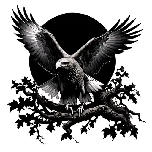 A fire protecting a vine tree with a golden eagle soaring tattoo design idea