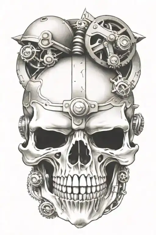 viking skull with fangs, crossed swords, surounded by gears and engine pistons tattoo design idea