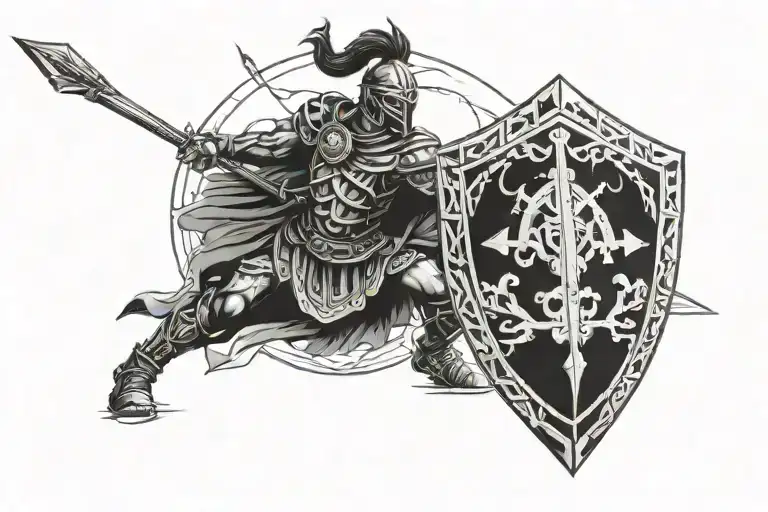 warrior with a shield blocking wind and arrows tattoo design idea