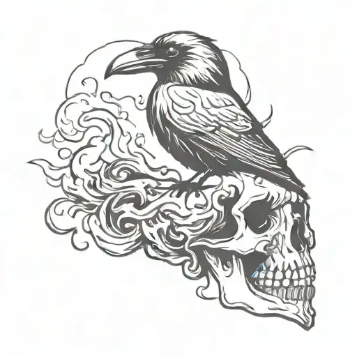 Raven made of smoke sitting on a skull tattoo design idea