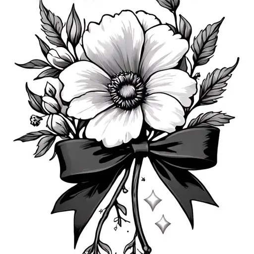 hawthorne and gladioulus flower intertwined with a bow with a couple sparkles around it  tattoo design idea