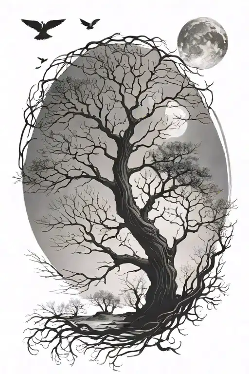 two trees in winter growing side by side twisted around each other.  birds silhouetted in the tree. moon behind. tattoo design idea