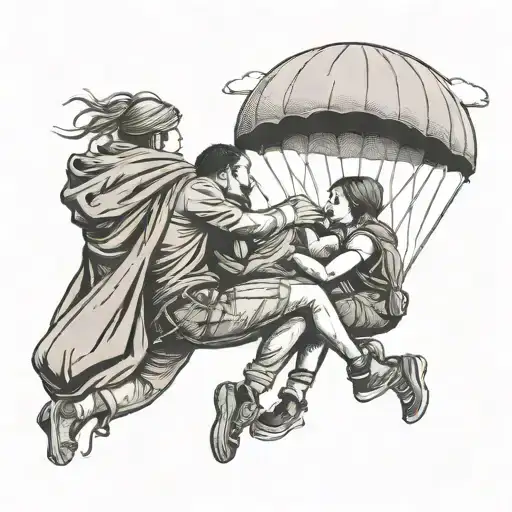 parachute, hug each other, woman and man, friendship tattoo design idea