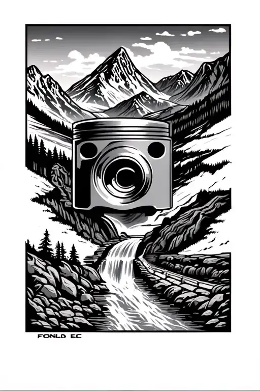 engine piston with tools and a road in fonda ec mountain and waterfall tattoo design idea