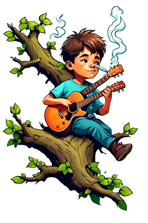little boy sitting on a branch in a high tree with a smoking joint in his mouth playing a guitar tattoo design idea