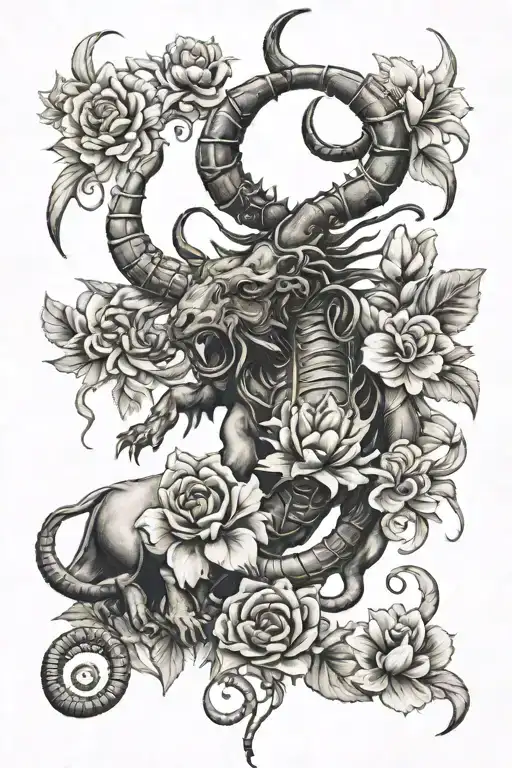 scorpion bull and lion with flowers tattoo design idea