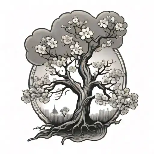 A sycamore tree and a cherry blossom tree growing tattoo design idea