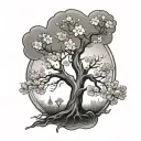 A sycamore tree and a cherry blossom tree growing tattoo design idea