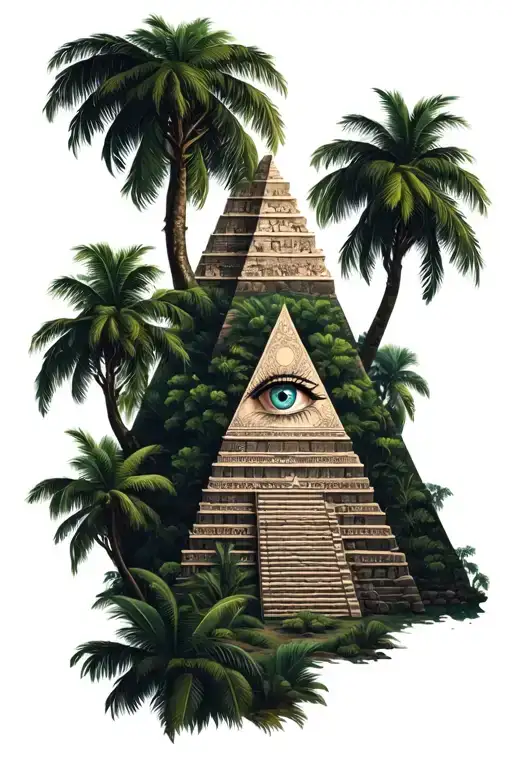 eye of providence pyramid temple surrounded by jungle trees tattoo design idea