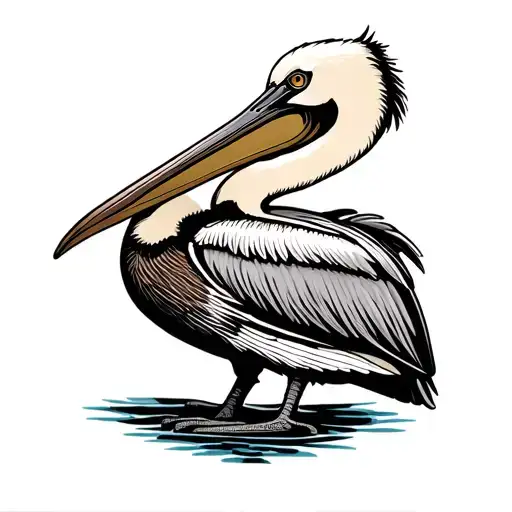 Pelican standing on a fly reel tattoo design idea