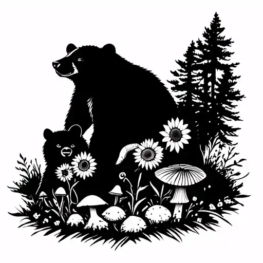  one momma bear and two bear cubs. Include wildflowers, sunflowers and wilderness scene with mushrooms and pines  tattoo design idea