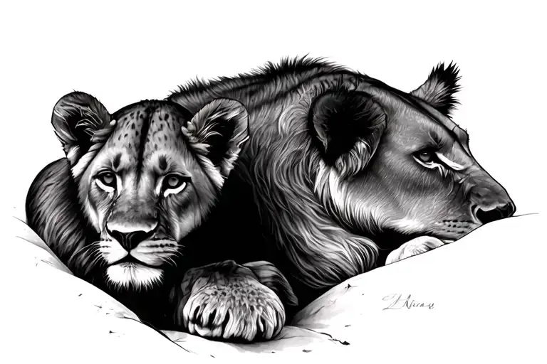 Lioness with cub resting tattoo design idea