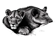 Lioness with cub resting tattoo design idea