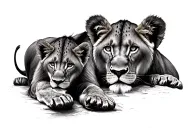 Lioness with cub resting tattoo design idea