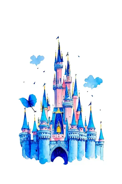 collage disney castle, stitch, arielle, mary poppins, beauty and the beast, aristocats, minnie mouse, lion king, dwarfs tattoo design idea